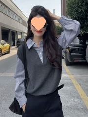巨好看的秋冬季韩系穿搭polo领假两件针织衫女chic别致感上衣