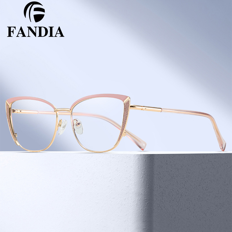 81560 Gafas anti-luz azul de ojo de gato de metal transfronterizo nuevo marco de espejo de miopía de moda para mujer marco de polvo brillante