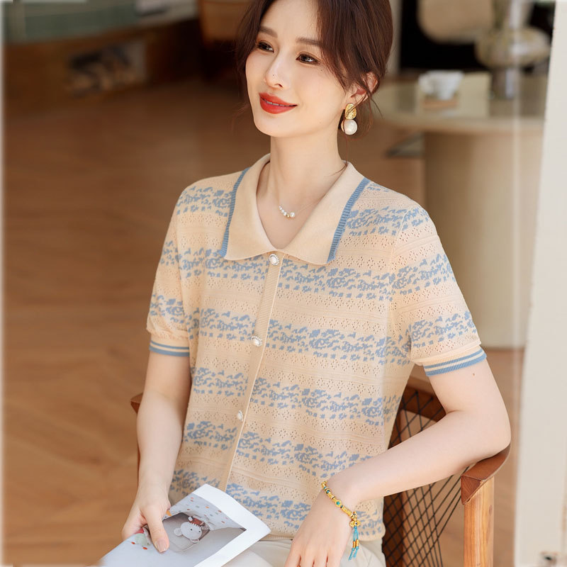 Mother's Day Summer Ice Silk Short-Sleeve T-Shirt Stylish Middle-Aged Women's Summer Thin Turn-Down Collar Top Set