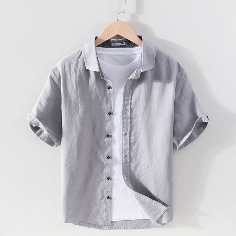 Zomer nieuw puur linnen effen kleur casual overhemd met korte mouwen voor heren zomer vierkante hals jeugd slim fit linnen overhemd_voghion.com