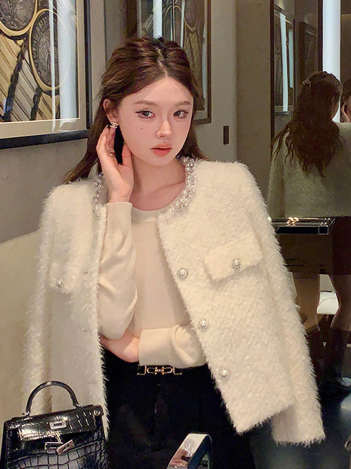 Áo khoác nữ dáng cardigan dày cổ tròn viền ngọc trai phong cách thanh lịch — Kiểu dáng thông thường màu trắng ngọc trai, Kiểu chần bông màu trắng ngọc trai chi tiết 2