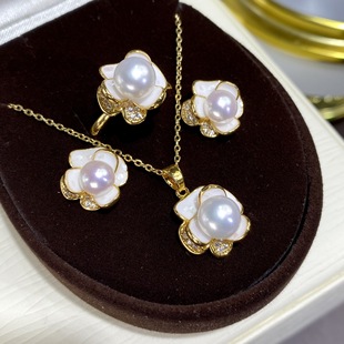 2025 New Freshwater Pearl suit Camellia Cross-border Ring Earrings Pendant Strong Light S925 Tremella