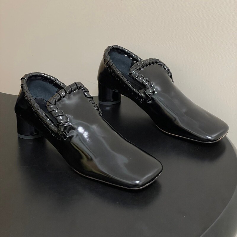 Cross-Border Light Luxury Glossy Genuine Leather Woven Chunky Heel Mules Bv Square Toe Hollow Commuter Mid-Heel Shoes in Four Colors Cross-Border Light Luxury Glossy Genuine Leather Woven Chunky Heel Mules Bv Square Toe Hollow Commuter Mid-Heel Shoes in Four Colors