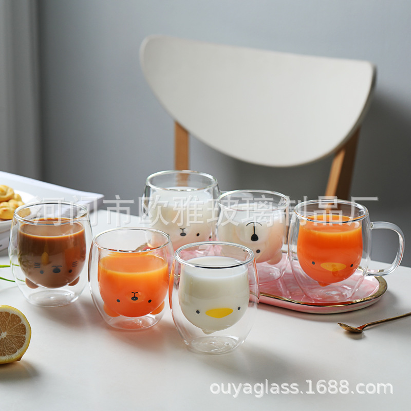 Vidrio de dibujos animados marca leche jugo oso doble capa taza de café borosilicato colorido lindo hogar taza de té