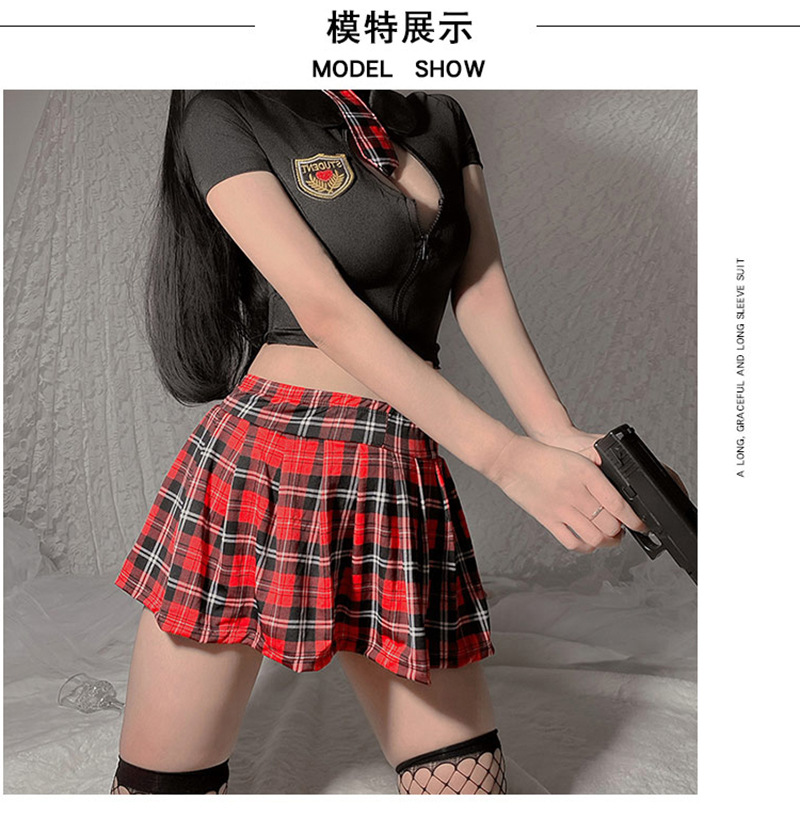 British College Style Student Uniform Costume Set with Plaid Skirt, Tie and Stockings — detail image 6