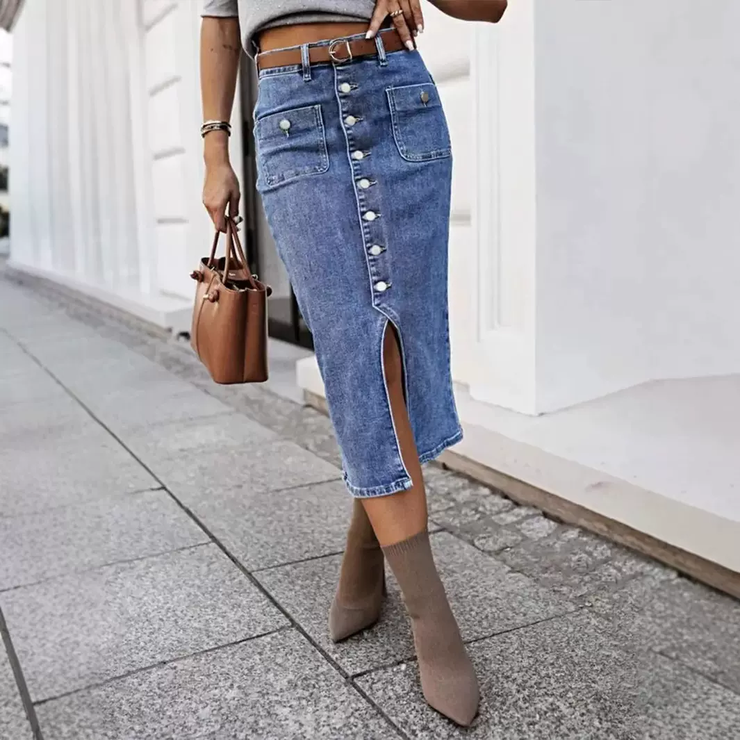 跨境欧美牛仔半身裙蓝色排扣中长裙TEMU亚马逊SHEIN独立站TK爆款