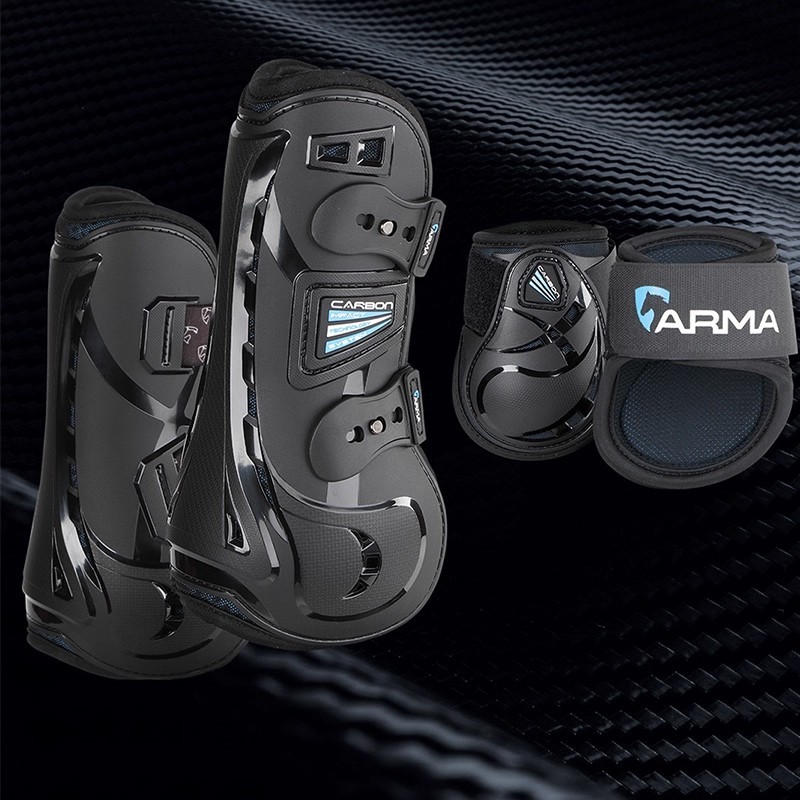 Shires-Carbon British show jumping leg protectors for forelegs and hind legs, equestrian sports horse protection gear