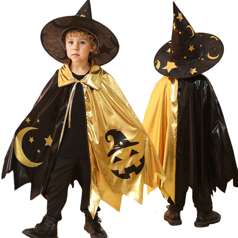 2025 New Halloween Children's Cloak Five Star Witch Clothes Magician Printed Cloak Set Cross-Border Hot Selling