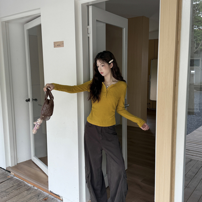 实拍#美式收腰长袖T恤女秋季高级感修身打底衫女内搭黄色蕾丝|undefined