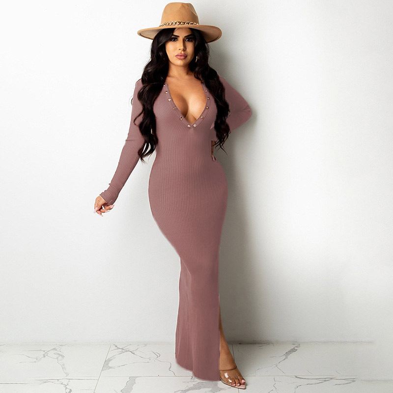 Slim buckle lapel open back long sleeve split dress nihaostyles wholesale clothes NSSYV106811