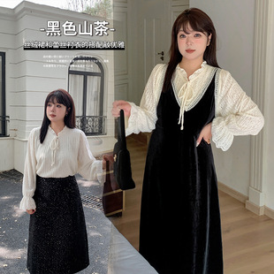 French Velvet Suspender Skirt + Lace Shirt Two-Piece Set for Women Autumn and Winter New Fat mm Sweet Suit 411851