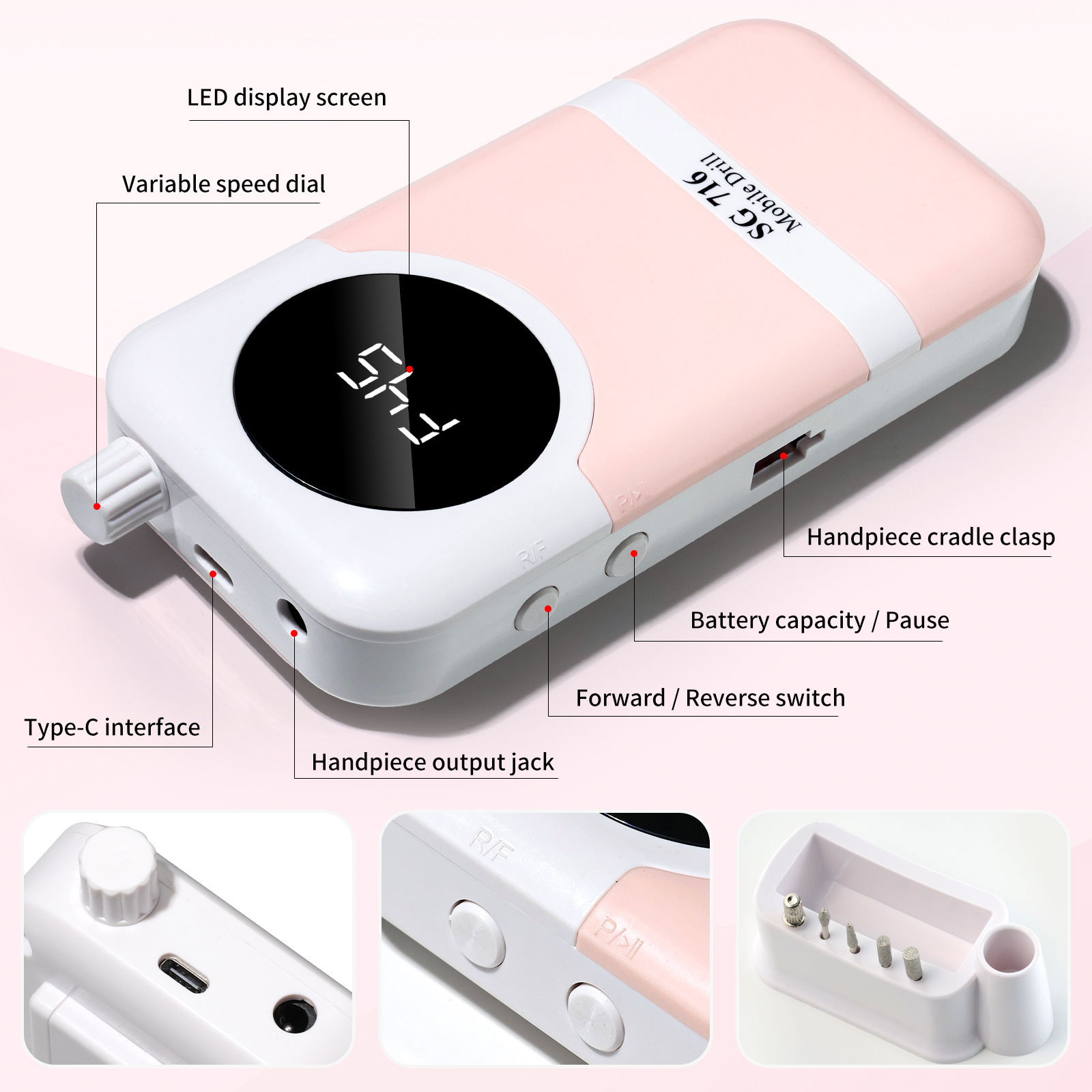 Lijadora de uñas recargable para tienda de uñas, lijadora de uñas y exfoliante, amoladora de uñas de almacenamiento eléctrico portátil