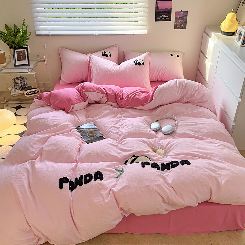 Simple ins toallas de algodón lavados bordadas cuatro piezas sábanas cubiertas cama de dibujos animados dormitorio de tres piezas ropa de cama