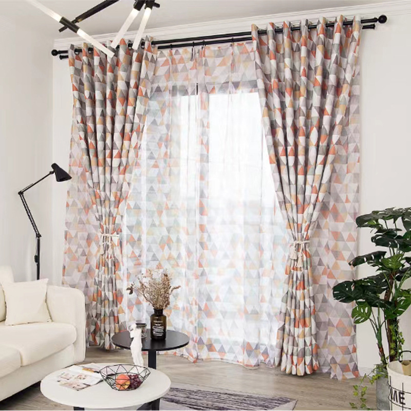 Cross-border geometric triangle printing curtain new modern children's room living room high shading heat insulation perforated curtain finished product Cross-border geometric triangle printing curtain new modern children's room living room high shading heat insulation perforated curtain finished product