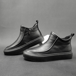 2023 Winter new men's black casual leather boots board shoes men's fashionable shoes Martin boots men's fleece-lined warm cotton shoes