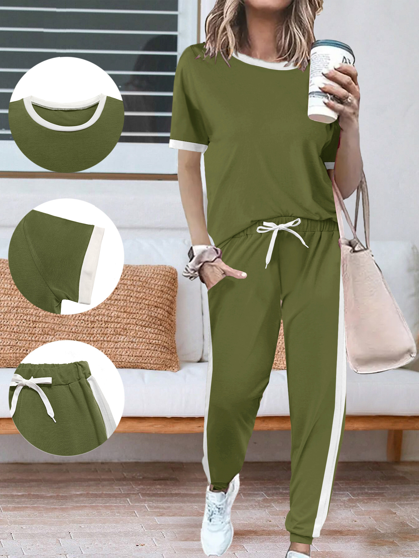 Women's Summer Two Piece Set European American Style round Neck Short Sleeve Top with Trousers_ecoleips.com