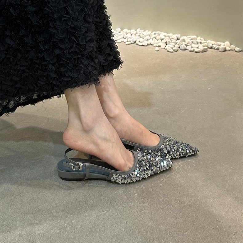 프렌치 니치 실버 토캡 샌들, 페어리 슈즈, 여름 로우힐 포인티드 슈즈, 스팽글 백 플랫 슈즈