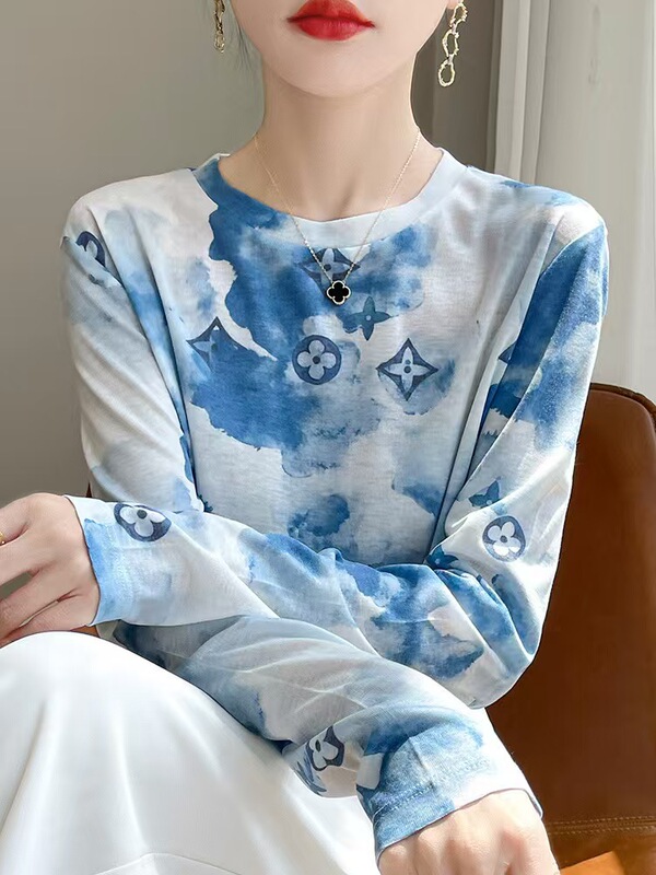 水溶印花圆领长袖打底衫女艺术水墨画天丝莱赛尔防晒衫复古印花|undefined