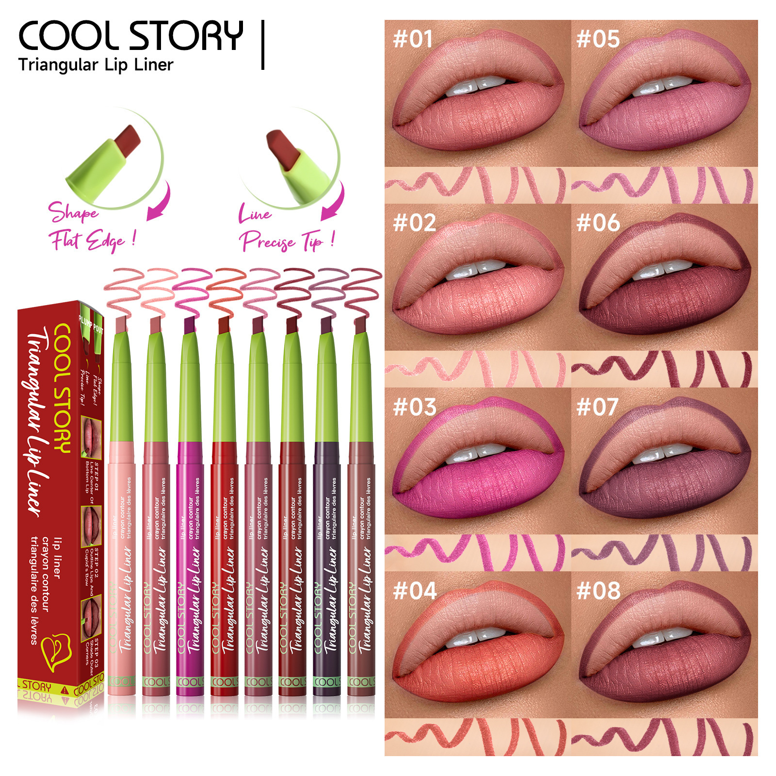 三角斜口唇线笔哑光单色半持久勾勒轮廓不易脱妆口红笔防水汗跨境