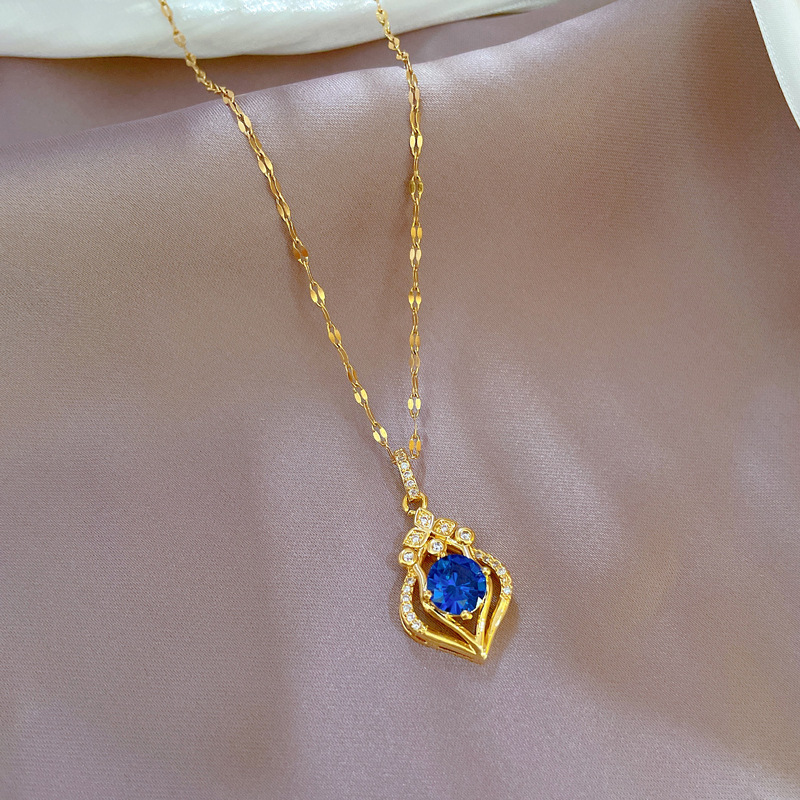 Damen Wassertropfen Halskette Mit Edelstein Aus Edelstahl Gold_voghion.com