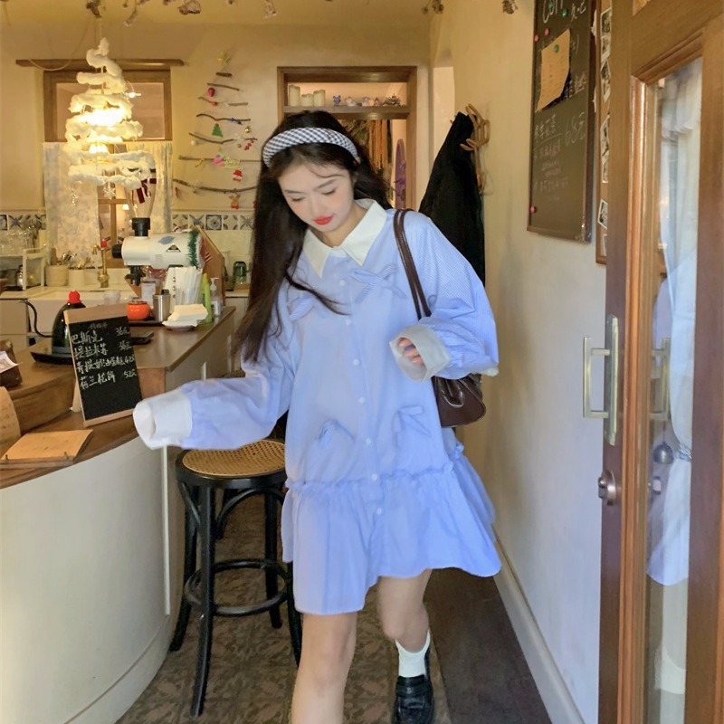 实拍~新款韩系甜美减龄重工立体蝴蝶结压褶宽松长袖连衣裙女88731|undefined