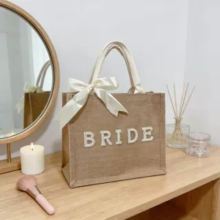 亚马逊热卖BRIDE黄麻手提包珍珠字母蝴蝶结新娘包 婚礼伴手礼袋