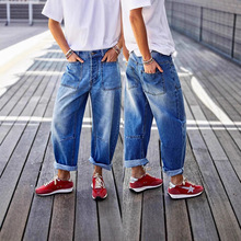 跨境亚马逊欧美大码弹力牛仔裤卷边缝线贴袋中腰桶腿九分牛仔裤女