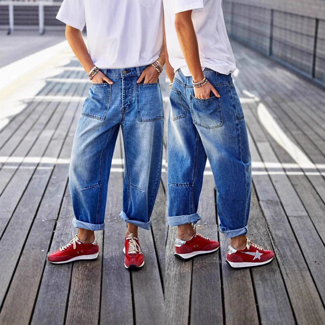 Трансграничные европейские и американские джинсы большого размера Amazon с рулонным краем и накладным карманом, джинсы средней посадки с бочкообразными штанинами, девятиточечные джинсы для женщин