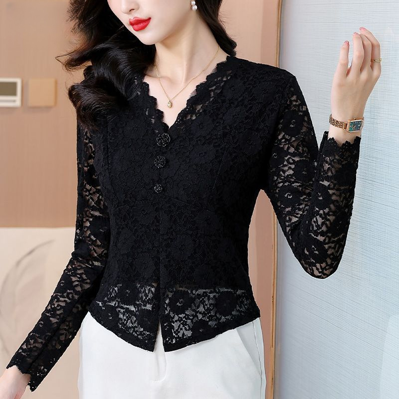 Hollow Lace Bottoming Shirt for Women, Long-Sleeved V Neck Inner and Outer Tops 2025 Spring & Fall Sexy Waist-Cinching Short Shirt