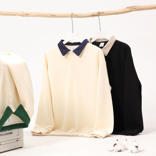 Spring and Autumn Port Style Men's Loose Color Block Collar Sweatshirt Trendy College Style Casual Hooded Polo Neck Top