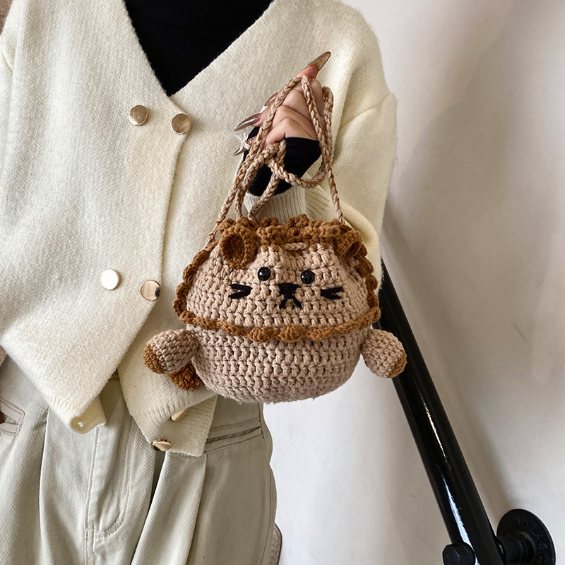 Bolsos para niños ganchos hechos a mano, bolsos de hombro para niños y niñas, bolsos de hombro lindos de lana, león pequeño, bolsos mochilas de cuerda de dibujo
