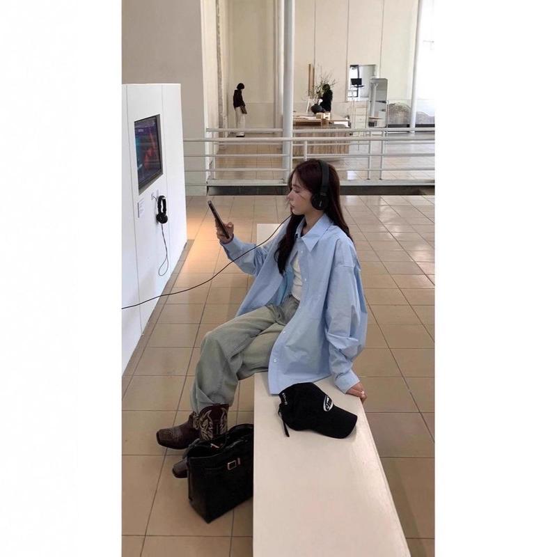 蓝色纯棉百搭衬衫女秋季新款韩系休闲纯棉宽松慵懒风外套长袖衬衣|undefined