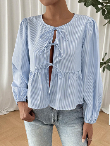 Women's striped front-laced long-sleeved casual top