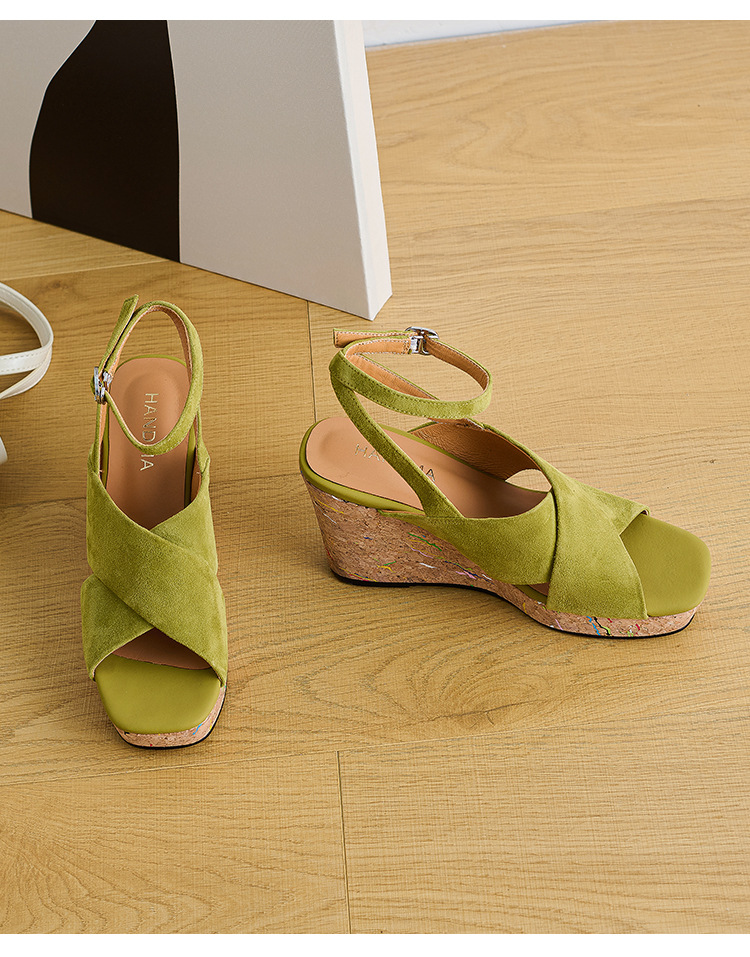 Sandal cao gót nữ quai chéo đế xuồng, gót 9 cm, hở mũi, khóa một chữ — xanh lá cây, màu kaki chi tiết 12