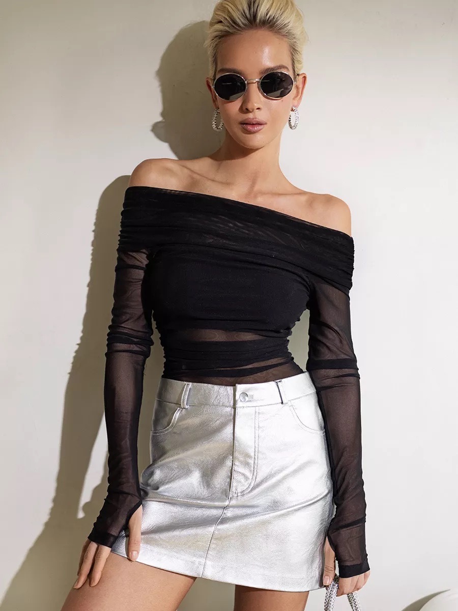 Damen Ein-schulter-netzoberteil Langarm Slim Fit Elegant Sommer_voghion.com