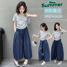 女童夏装套装2025新款洋气t中大童儿童夏款T短袖牛仔阔腿裤两件套