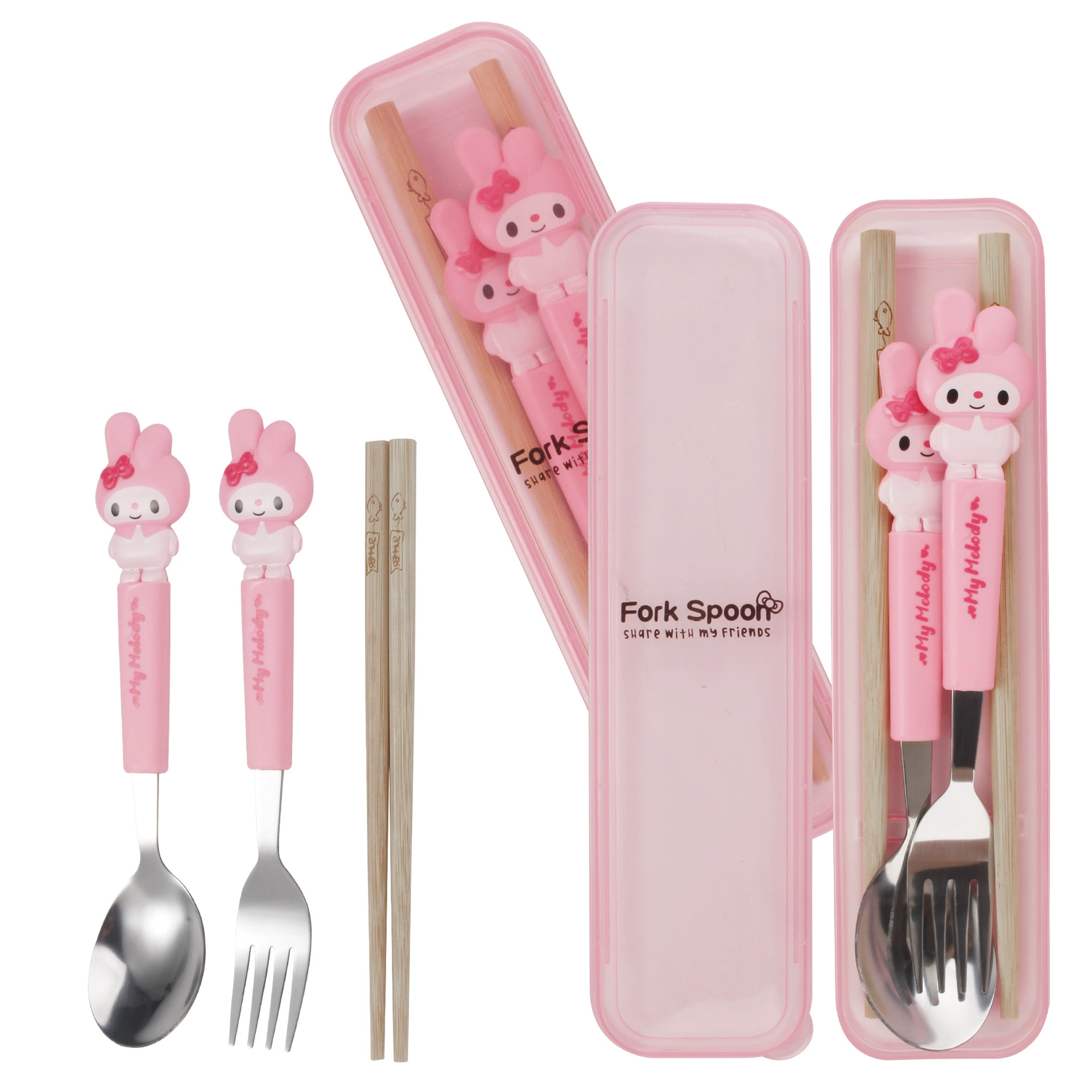 Детская столовая посуда из нержавеющей стали от Sanrio в виде мультфильма, палочки для еды, ложка, набор