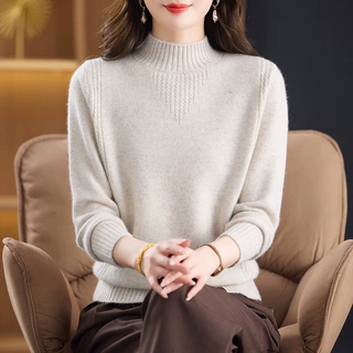 【100%纯羊毛】秋冬上衣妈妈毛衣女装厚款中老年打底衫针织羊毛衫