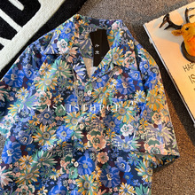 碎花短袖衬衫男INS复古痞帅夏季潮牌宽松夏威夷古巴领衬衣花半袖D