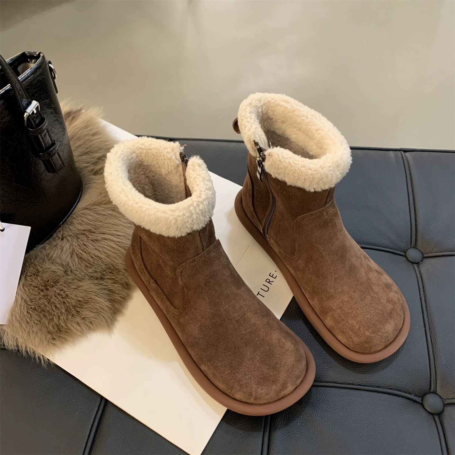 Snow boots women's winter fur one thick warm ankle boots with velvet cotton shoes_voghion.com