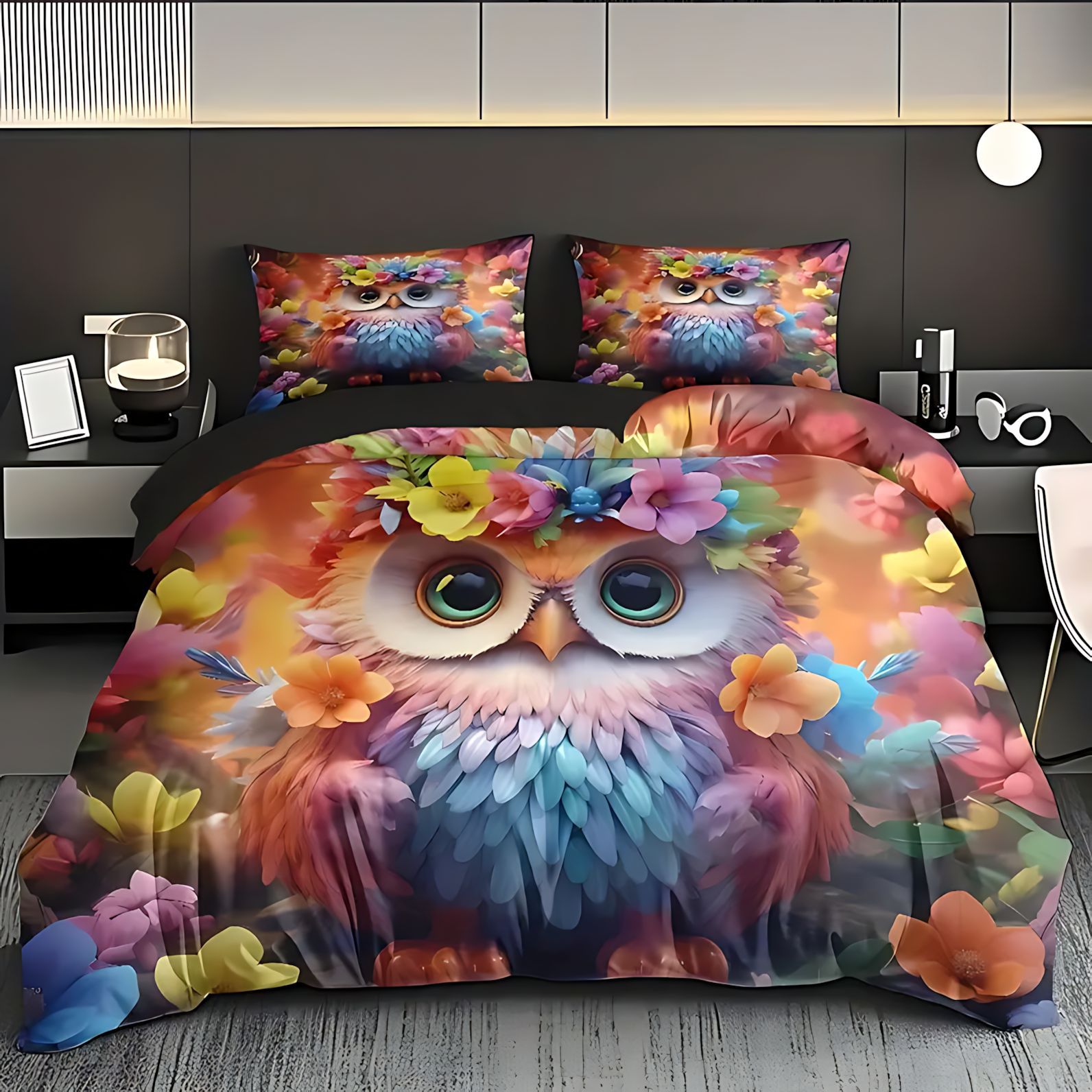 Temas de dibujos animados TEMU / JIT de comercio exterior búho impresión digital 3D cubierta de edredón con kit de cama para dibujar se puede hacer