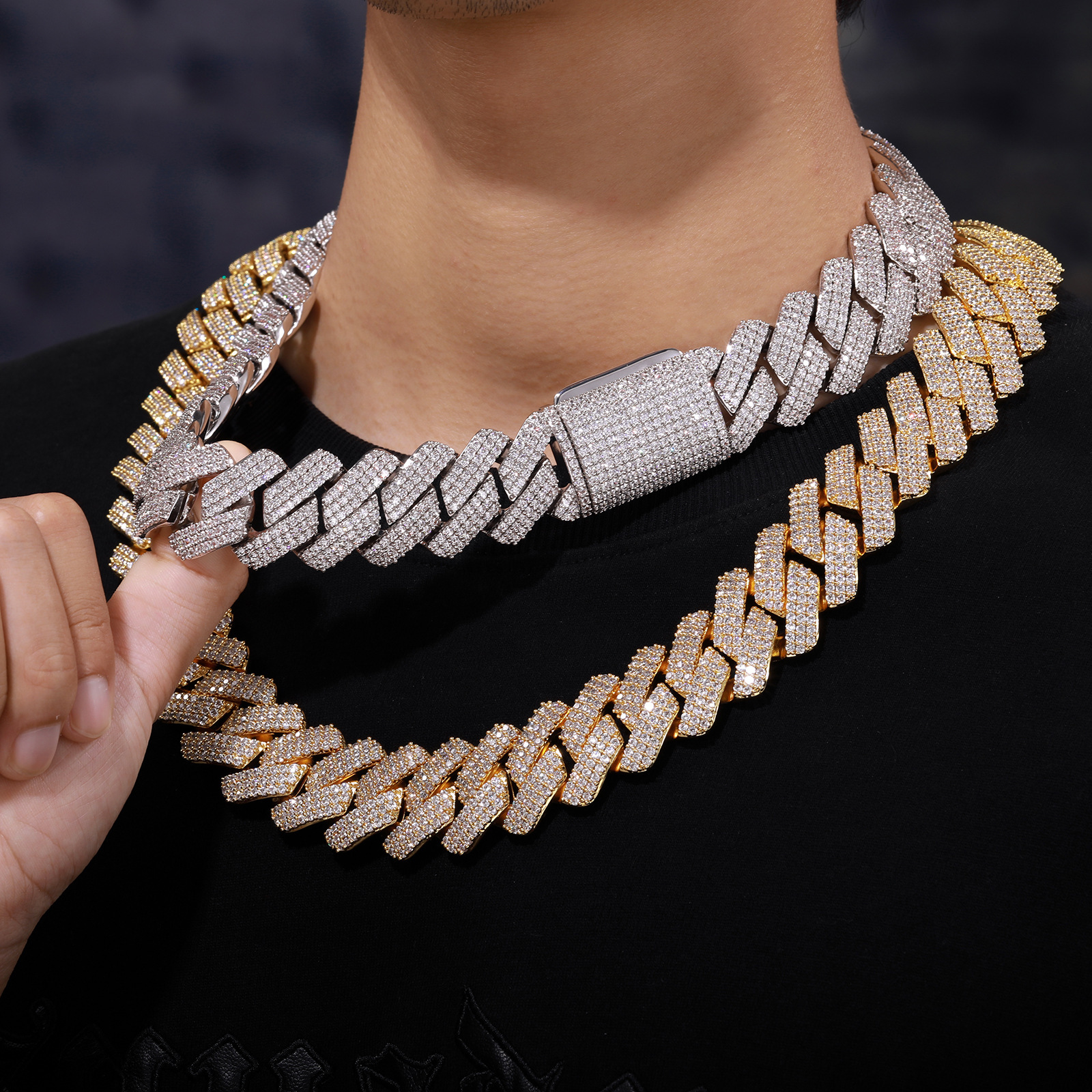 Collier Cubain Homme À Trois Rangs Avec Zircon Et Strass_voghion.com