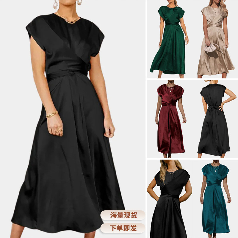 Cross-border Hot Sale Satin Sleeveless Women's dress Wedding Party Evening Dress Strap Waist Ruffled Long Dress