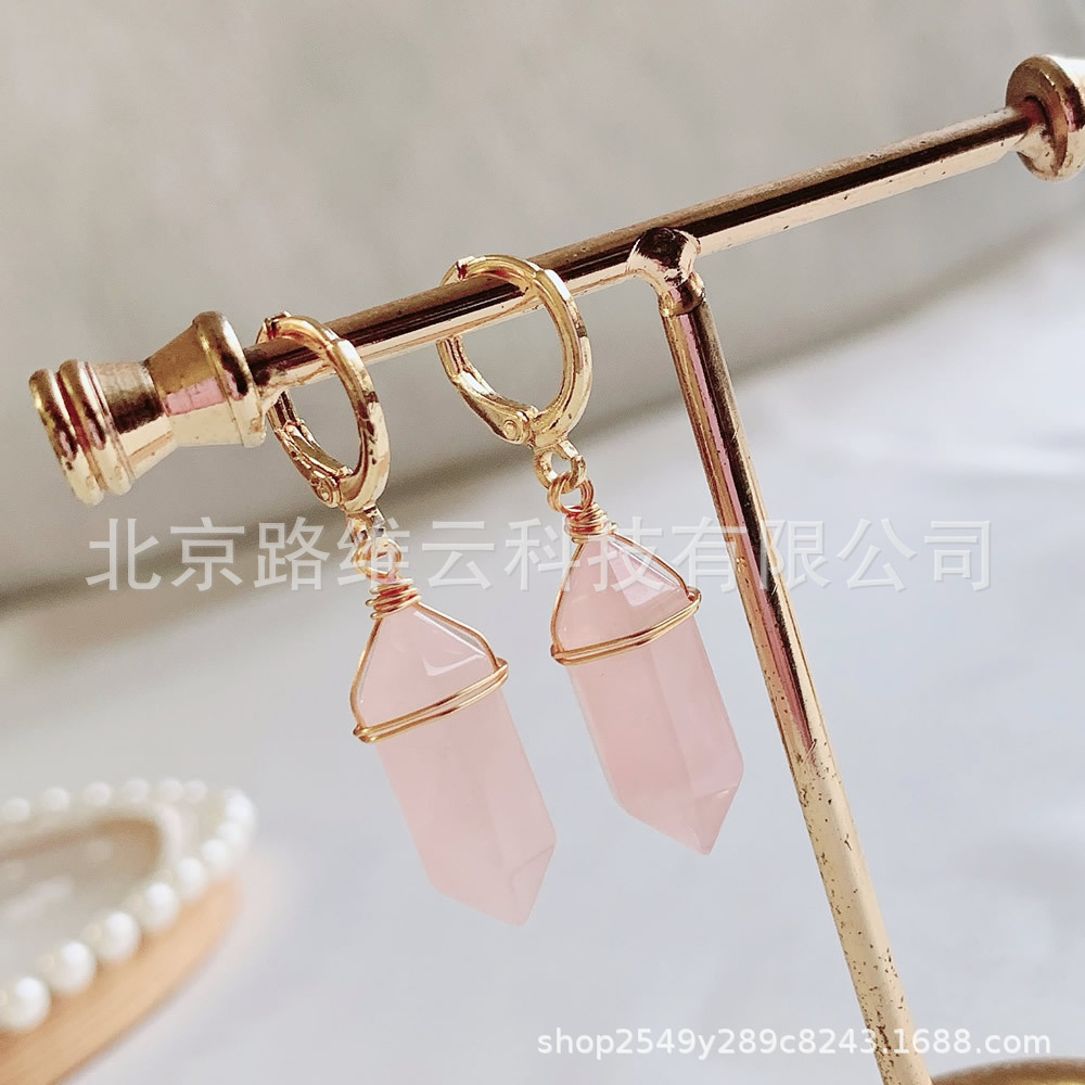 Pendientes de cristal natural de estilo explosivo transfronterizo, bala de doble punta, pequeña columna hexagonal, aretes de amatista de ágata roja, mujer