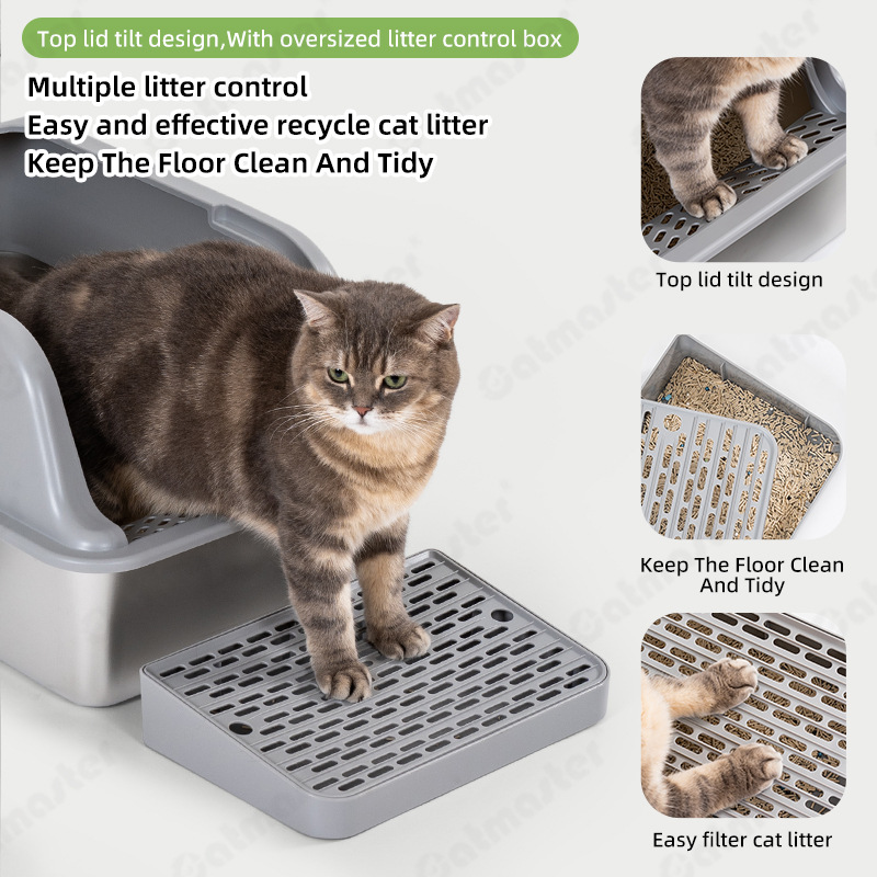 P01 Stainless Steel Cat Litter Box with Large Capacity and Anti-Sand Splash Design, Comes with Sand Control Box, Open-Style Cat Litter Box