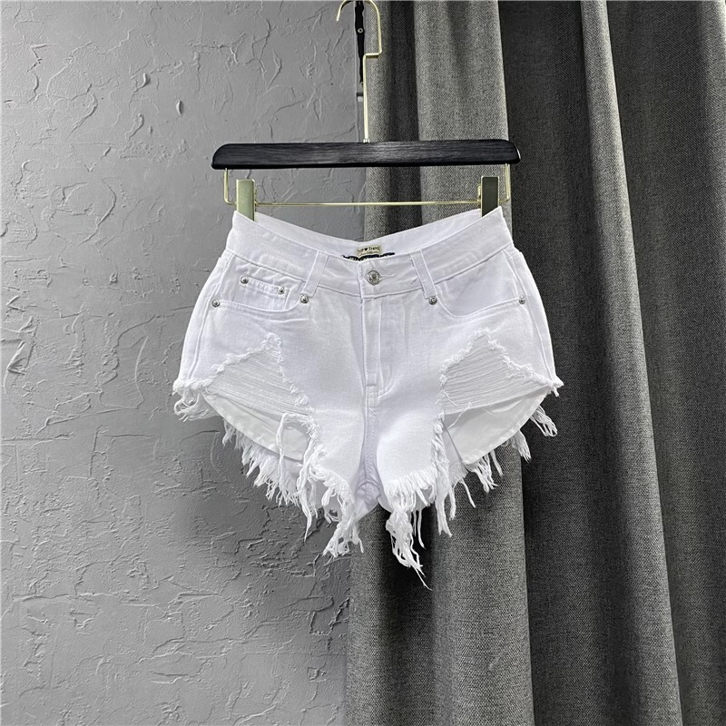 European and American Fashion Low-Waist Shorts Women's Raw Edge Pants 2025 New Summer White Jeans Ripped A-Line Hot Pants Trendy