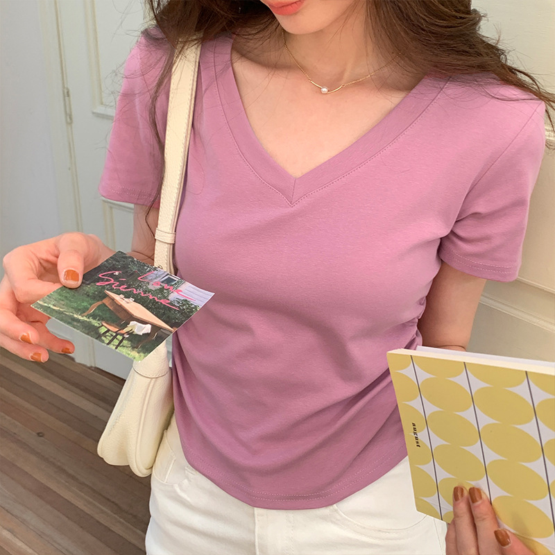 V-neck Right Shoulder T-shirt Women's Short-sleeved Summer Style Hot Girl Slimming Western Style Short Waist White Bottoming Top