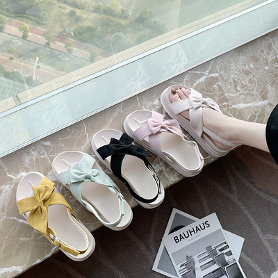 2020新款韩版凉鞋女平底蝴蝶结松糕女凉鞋大码时尚潮流女鞋代发|ru