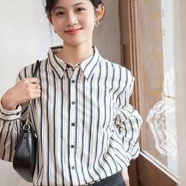 视频在详情实拍条纹衬衫女装薄款宽松Polo领通勒长袖上衣外套女