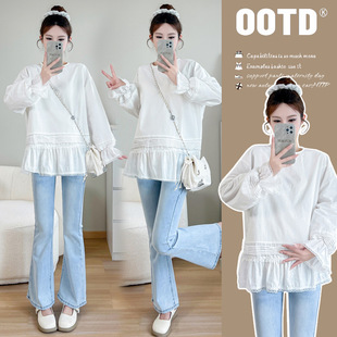 2025 Summer New French Style Stitching Lace Hem Long Sleeve Spring Lazy Pregnant Women's Shirt